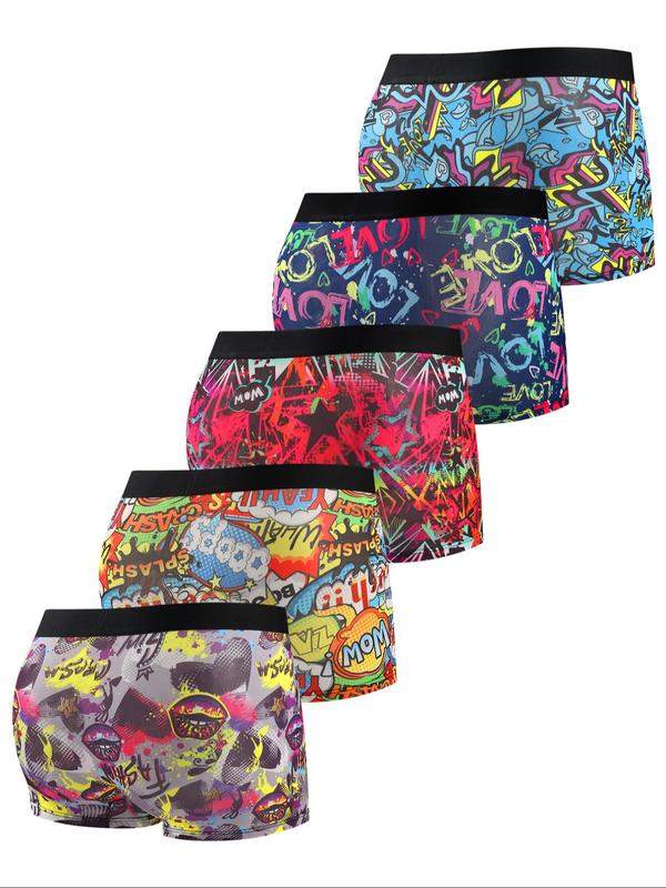 Men's Pop Art Print Tape Waist Boxer Brief, Breathable Comfy Underwear for Daily Wear, Casual Men's Underwear for All Seasons