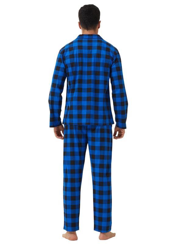 Two-Piece Set Men's Plaid Print Button Front Pajama Set, Casual Comfy Long Sleeve Lapel Neck Pocket Shirt & Elastic Waist Pants PJ Set, Men's Sleepwear for Fall & Winter