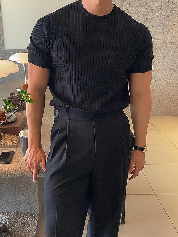 Men's Slim Solid Round Neck Knit Top, Casual Short Sleeve Crew Neck Knitwear for Summer, Fashion Men's Streetwear Knit Clothing for Daily Wear