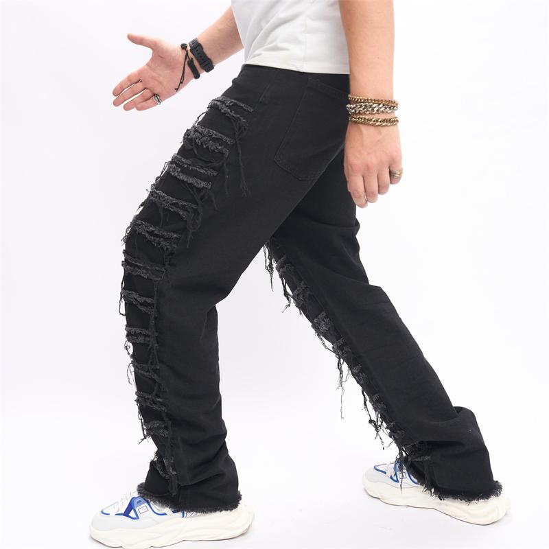 Men's HipHop Stacked Spliced Biker Jeans Stylish Men Street Loose Cotton Solid Male Straight Denim Pants Menswear Underwear Trouser Human Streetwear Pocket Beige Plain