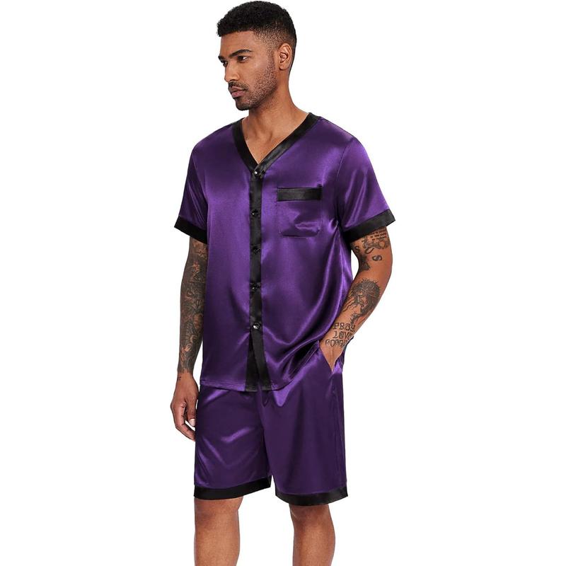 Silk Pajamas for Men Satin Pajama Shorts 2count Button Down Pj Set V Neck Sleepwear Loungewear with Pockets S-XXL