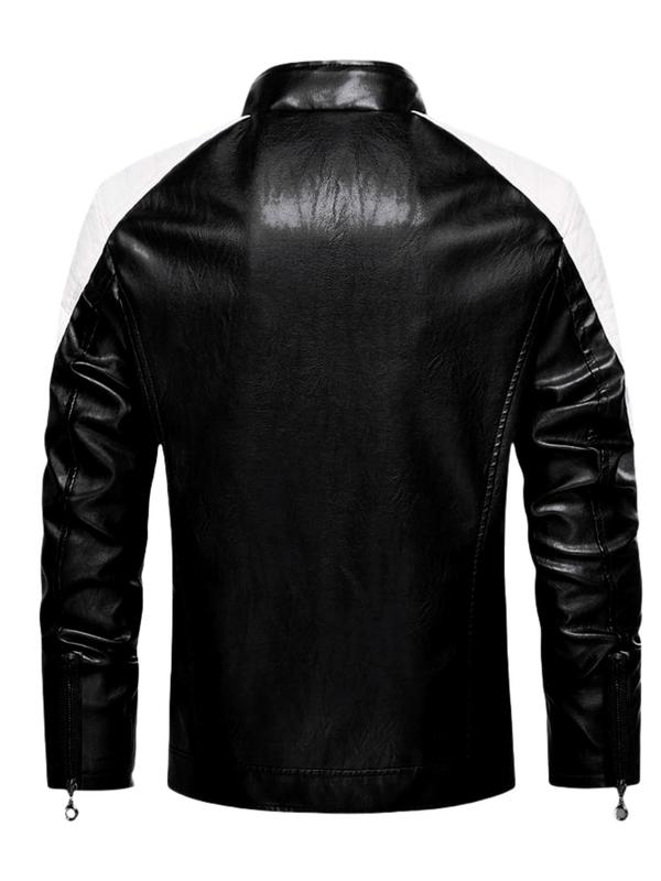 Men's Colorblock Zipper PU Leather Jacket, Regular Fit Casual Long Sleeve Stand Collar Thickened Outerwear for Fall & Winter, Men's Clothes for Daily Wear