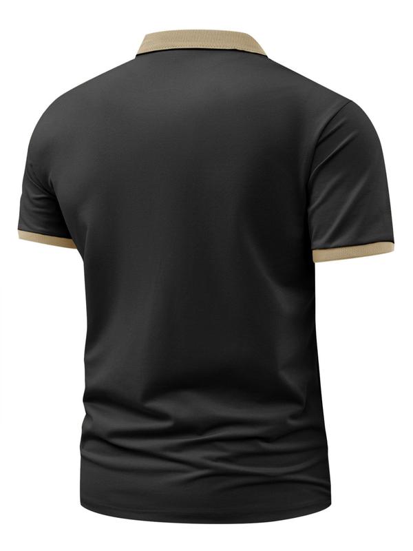 Men's Regular Fit Contrast Binding Short Sleeve Polo Shirt, Casual Button Front Collared Top for Summer, Fashion Men's Clothes for Daily Wear