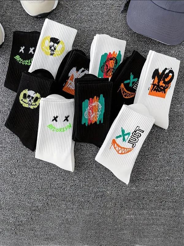 Men's 10 Pairs Cartoon & Letter Print Crew Socks, Fashion Casual Comfy Socks for Daily Outdoor Wear, Socks for Men, Knitting Socks for All Seasons