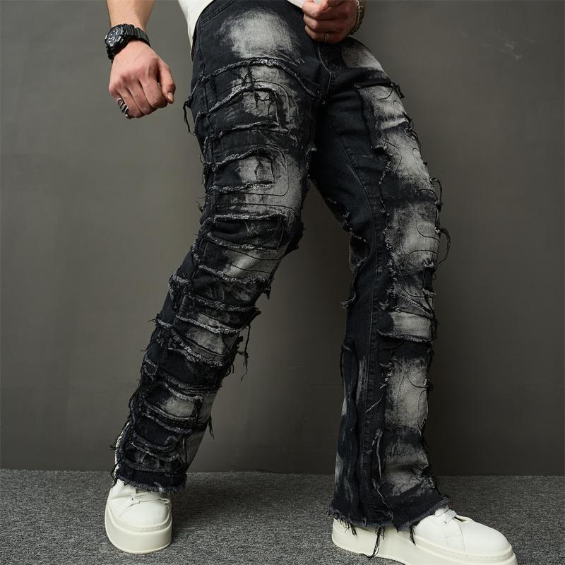 Stacked Men's jeans Fashion Streetwear HipHop Patch Spliced Men Straight Jeans Distressed Male Slim Biker Denim Pants Menswear Trouser