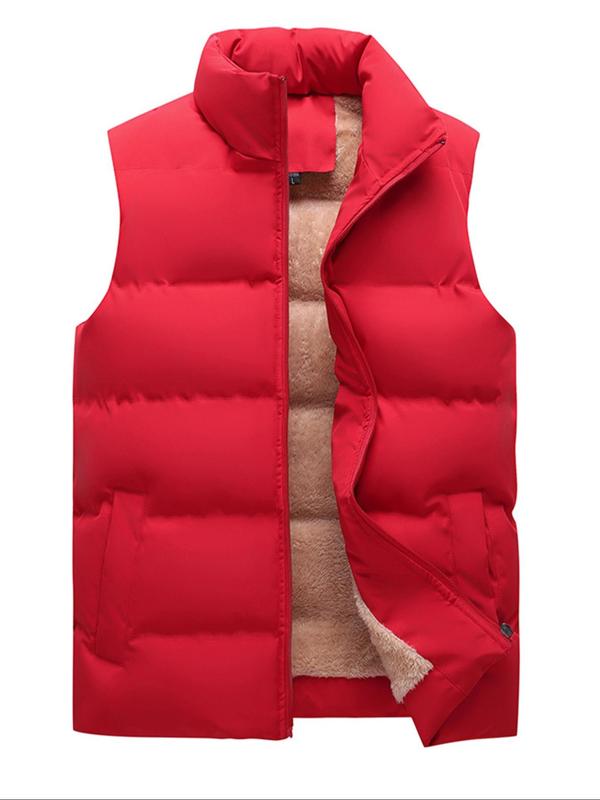 Men's Solid Zip Up Pocket Design Thermal Lined Gilet, Regular Fit Casual Stand Collar Sleeveless Outerwear for Outdoor Activities, Men's Clothes for Winter
