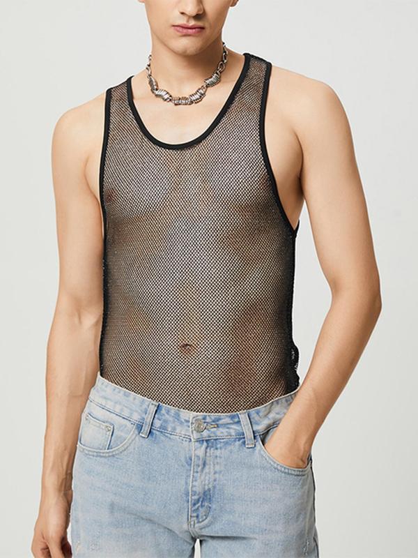 Men's Slim Plain Sheer Mesh Tank Top, Casual Sleeveless Round Neck Top for Summer, Fashion Men's Clothes for Daily Wear