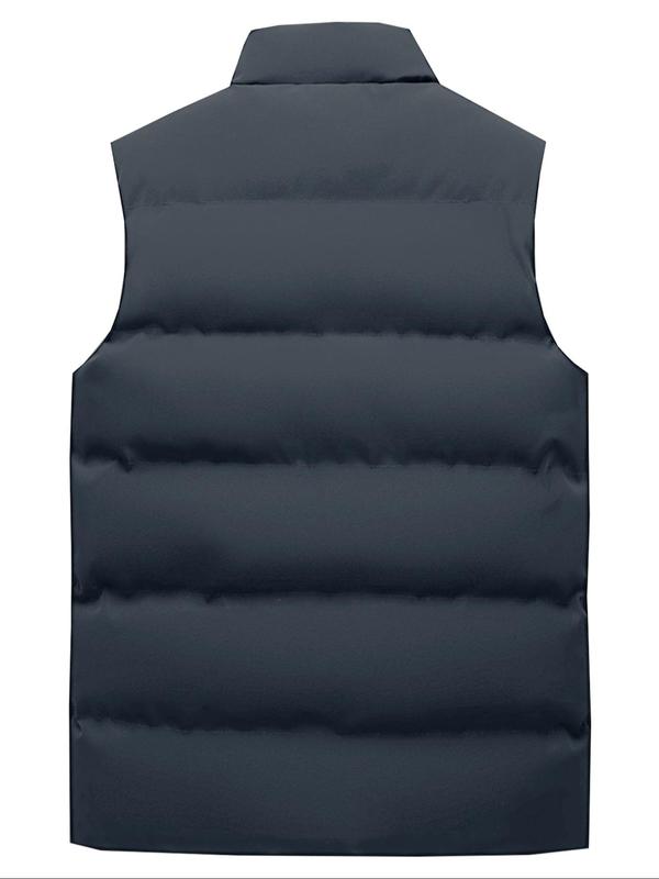 Men's Solid Zip Up Pocket Design Thermal Lined Gilet, Regular Fit Casual Stand Collar Sleeveless Outerwear for Outdoor Activities, Men's Clothes for Winter