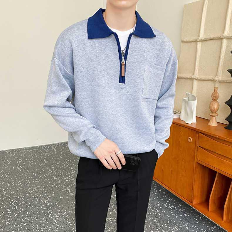 Autumn New Contrast Color Sweater Polo Fashion Zipper Sweater Men's Sweater