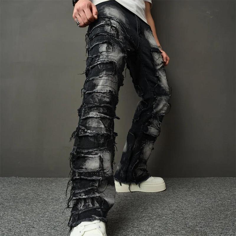 Stacked Men's jeans Fashion Streetwear HipHop Patch Spliced Men Straight Jeans Distressed Male Slim Biker Denim Pants Menswear Trouser