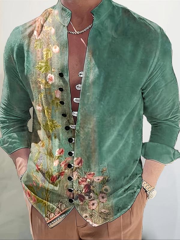 Men's Floral Print Button Front Shirt, Regular Fit Casual Long Sleeve Collared Top for Daily Wear, Men's Clothes for All Seasons