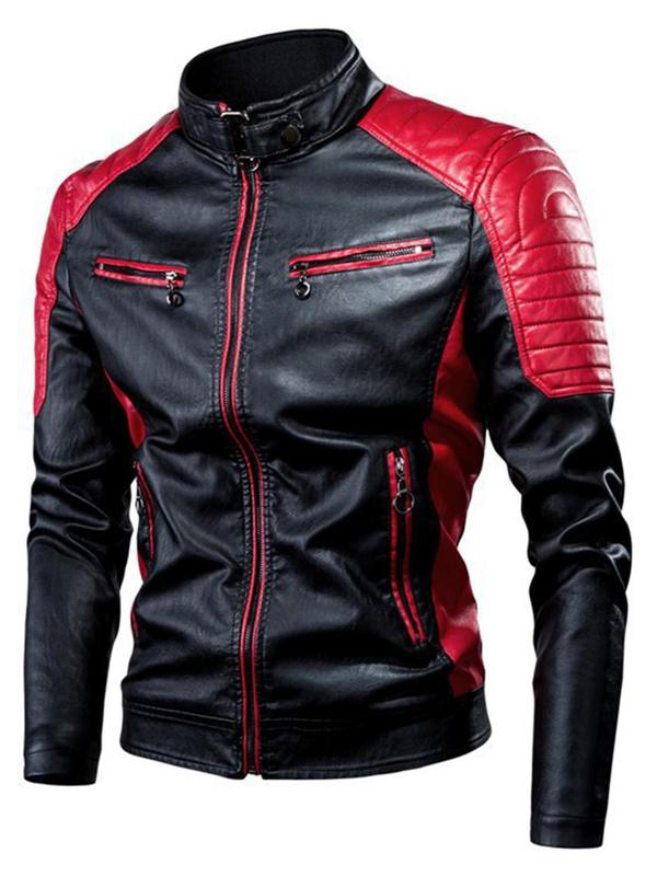 Men's Colorblock Zipper PU Leather Jacket, Regular Fit Casual Long Sleeve Stand Collar Thickened Outerwear for Fall & Winter, Men's Clothes for Daily Wear