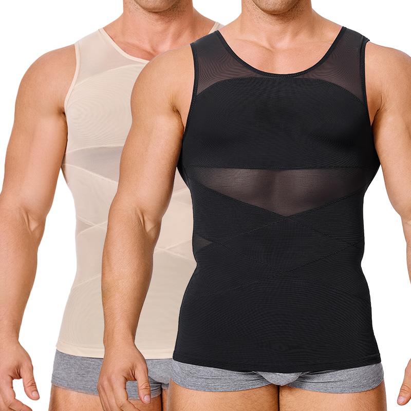 Black Friday Deals Nebility 2 Pieces Men's Mesh Summer Tank Tops Shapewear Undershirt Abdomen Belly Compress Shirt