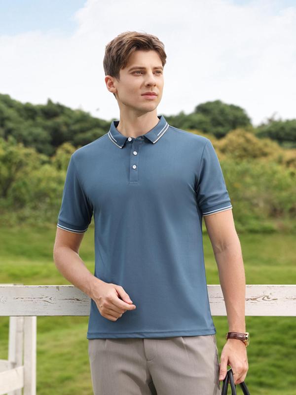 Sporty Men's Striped Trim Short Sleeve Sports Polo Shirt, Regular Fit Sports Half Button Collared Top for Summer, Men's Outdoor Clothes for Daily Wear