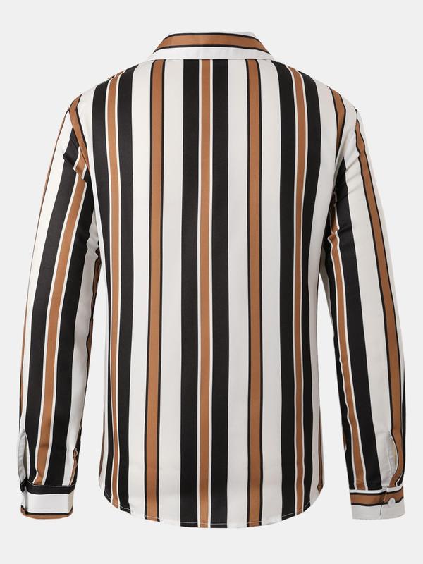 Men's Striped Print Button Front Shirt, Regular Fit Casual Long Sleeve Collared Top for Spring & Fall, Men's Clothes for Daily Wear