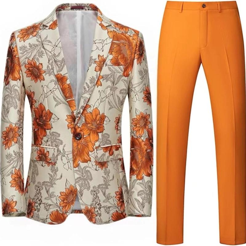 Mens 2 Piece Floral Dress Suit One Button Dinner Tuxedo Jacket & Pants Luxury Printed Wedding Blazer