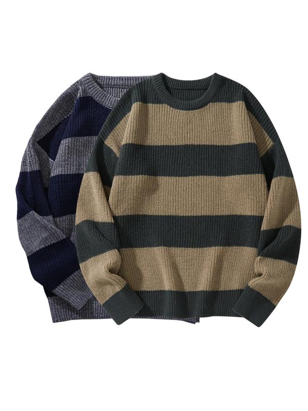 Men's 2pcs Striped Print Drop Shoulder Sweater, Regular Fit Casual Long Sleeve Round Neck Jumper for Fall & Winter, Men's Knitwear for Daily Wear