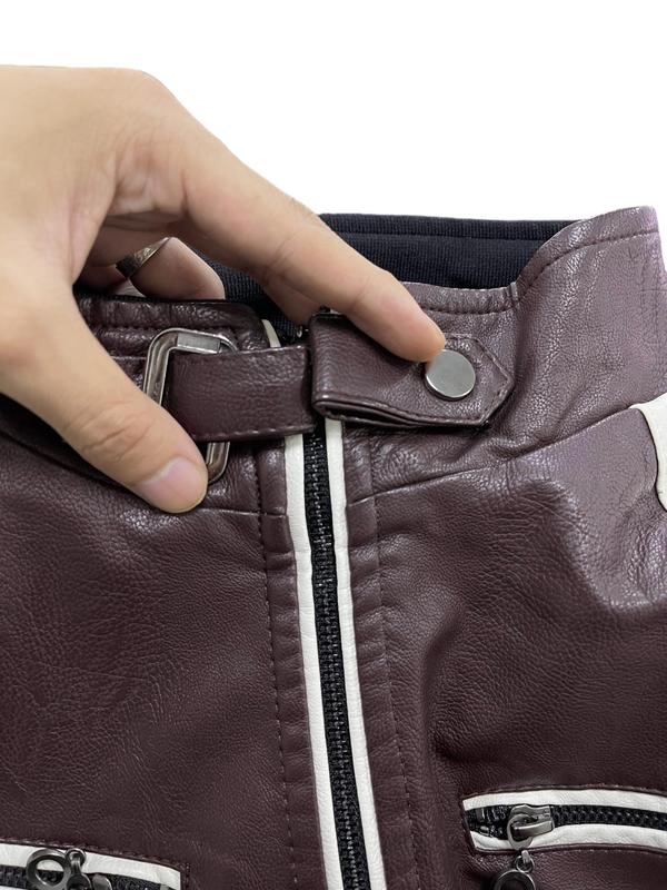 Men's Colorblock Zipper PU Leather Jacket, Regular Fit Casual Long Sleeve Stand Collar Thickened Outerwear for Fall & Winter, Men's Clothes for Daily Wear