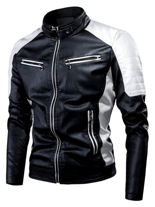 Men's Colorblock Zipper PU Leather Jacket, Regular Fit Casual Long Sleeve Stand Collar Thickened Outerwear for Fall & Winter, Men's Clothes for Daily Wear
