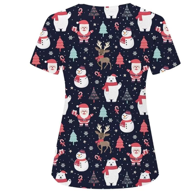 IFE Unisex Christmas Print Scrubs Top for Festive Workwear Uniforms