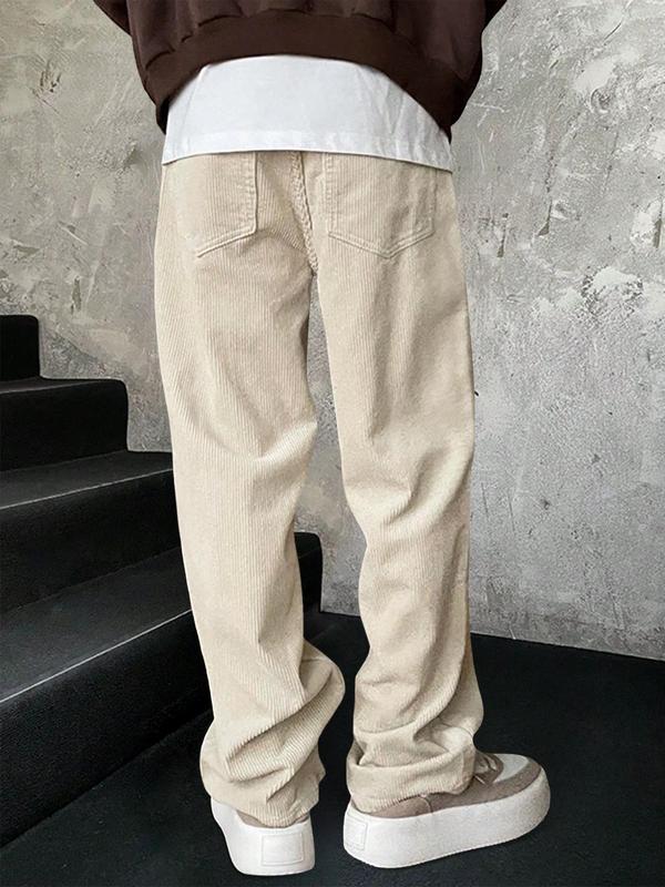 Men's Solid Pocket Drawstring Waist Wide Leg Pants, Loose Casual Corduroy Trousers for Fall & Winter, Men Bottoms for Daily Wear, Fall Work Outfits, Streetwear Lazy School Outfit