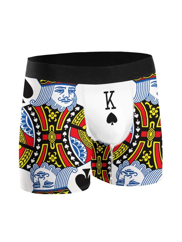 Men's All Over Playing Card Print Contrast Tape Boxer Brief, Slim Casual Comfy Breathable Knicker for All Seasons, Mens Underwear for Daily Wear