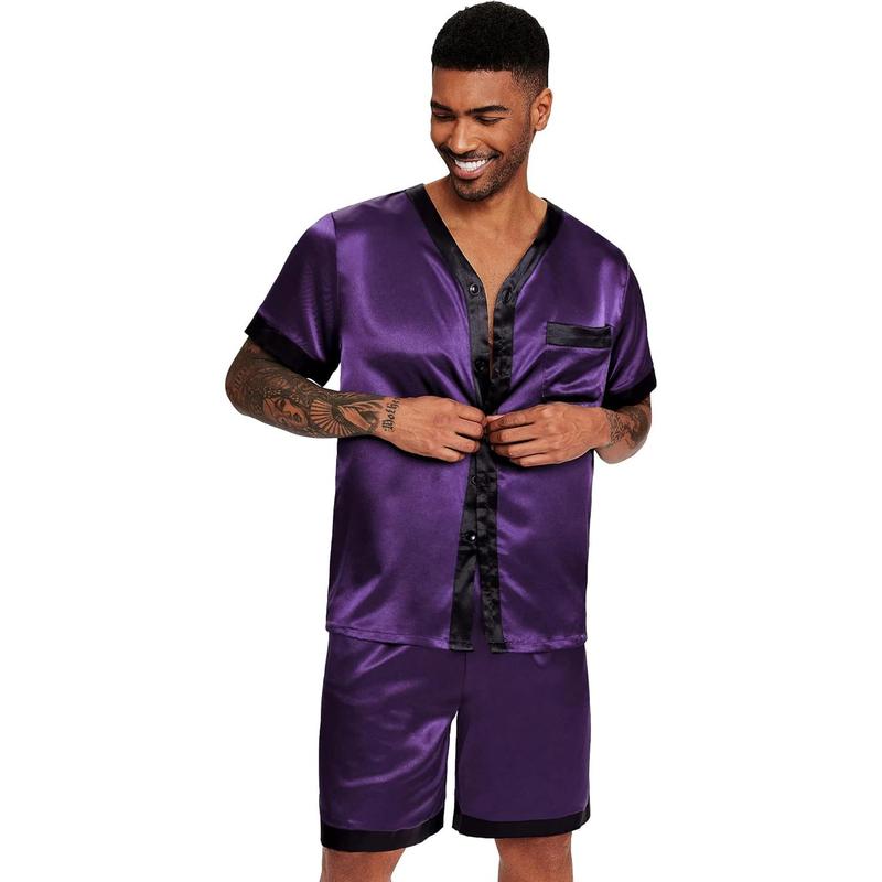 Silk Pajamas for Men Satin Pajama Shorts 2count Button Down Pj Set V Neck Sleepwear Loungewear with Pockets S-XXL