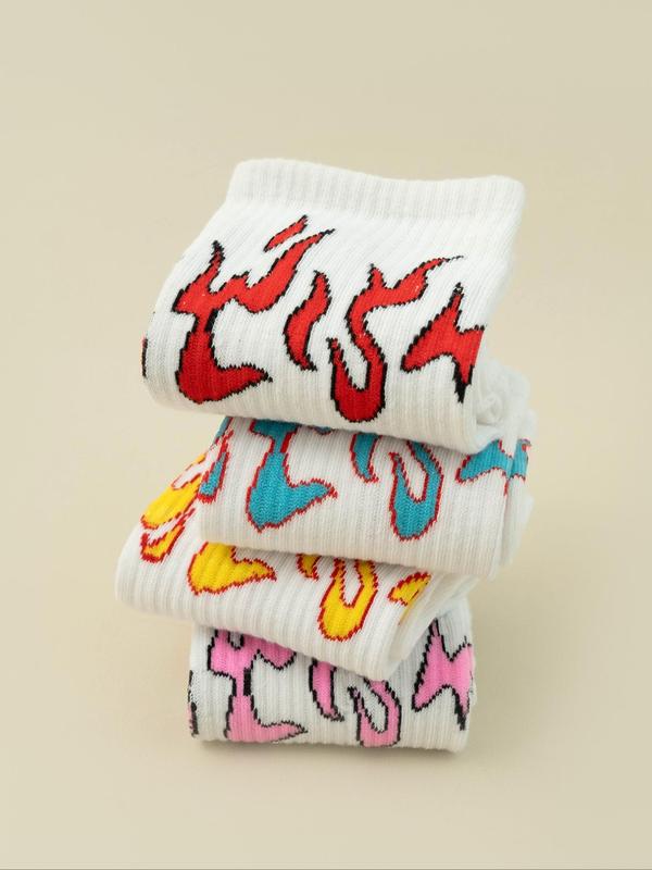 Men's Flame Print Crew Socks, Casual Comfy Breathable Socks, Multipack Socks for All Seasons