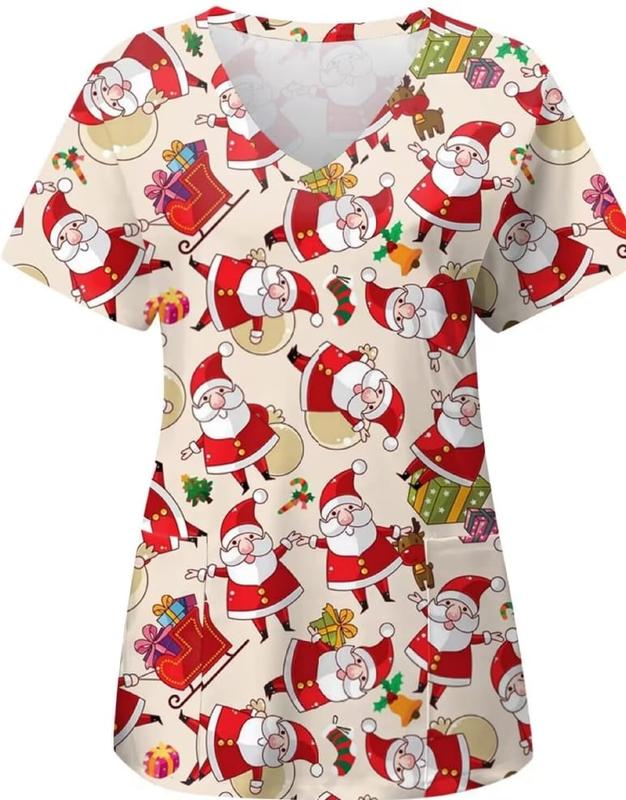 IFE Unisex Christmas Print Scrubs Top for Festive Workwear Uniforms