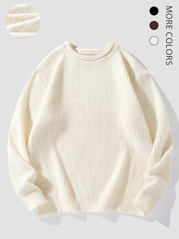 Men's Solid Color Drop Shoulder Crew Neck Sweater, Regular Fit Casual Long Sleeve Round Neck Jumper for Fall & Winter, Fashion Men's Knitwear for Daily Wear