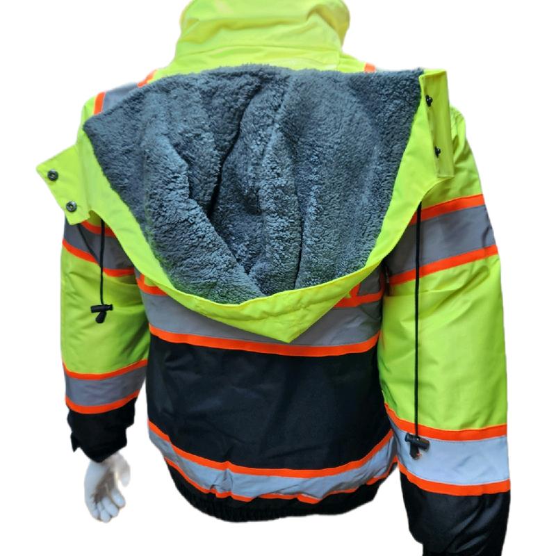 High Visibility Water Resistant Yellow Bomber Safety Jacket with Hoodie   Reflective Safety Sherpa Insulated Jacket