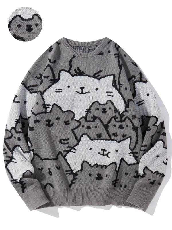 Men's Cartoon Cat Print Drop Shoulder Sweater, Regular Fit Casual Long Sleeve Round Neck Jumper for Fall & Winter, Fashion Men's Knitwear for Daily Wear