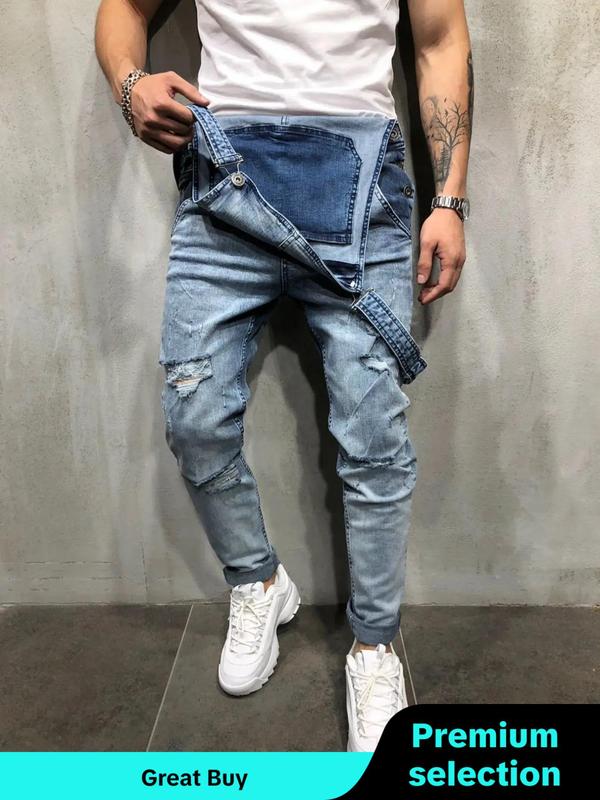 Men's Plain Button Denim Vintage Overalls, Casual Comfy Sleeveless Ripped Pocket Overalls for Daily Wear, Men's Overalls for All Seasons, Menswear Suits