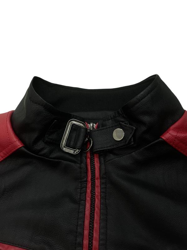 Men's Colorblock Zipper PU Leather Jacket, Regular Fit Casual Long Sleeve Stand Collar Thickened Outerwear for Fall & Winter, Men's Clothes for Daily Wear