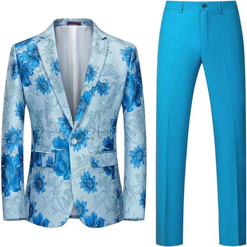 Mens 2 Piece Floral Dress Suit One Button Dinner Tuxedo Jacket & Pants Luxury Printed Wedding Blazer