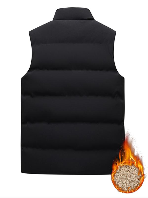 Men's Solid Zip Up Pocket Design Thermal Lined Gilet, Regular Fit Casual Stand Collar Sleeveless Outerwear for Outdoor Activities, Men's Clothes for Winter