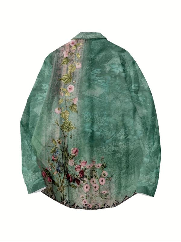 Men's Floral Print Button Front Shirt, Regular Fit Casual Long Sleeve Collared Top for Daily Wear, Men's Clothes for All Seasons