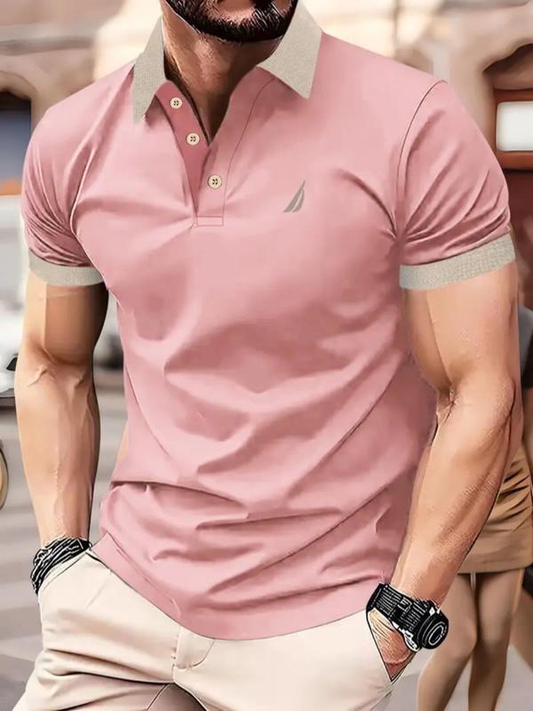 Men's Regular Fit Geometric Print Short Sleeve Polo Shirt, Casual Button Front Collared Top for Summer, Fashion Men's Clothes for Daily Wear