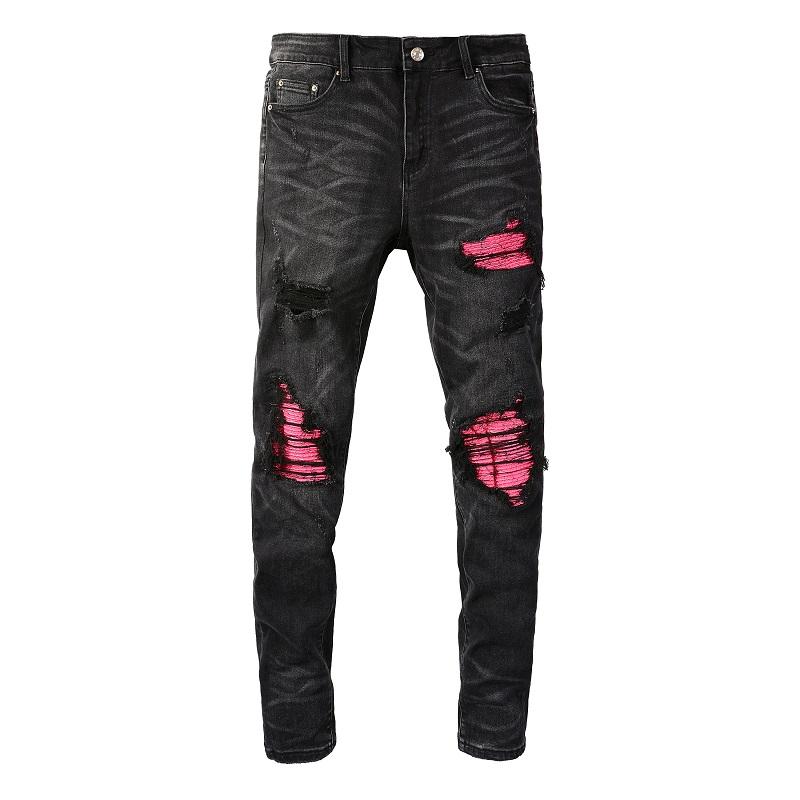 Men's Distressed High Street Black Slim Fit Stretch Pink Paisley Bandanna Patches Holes Ripped Jeans