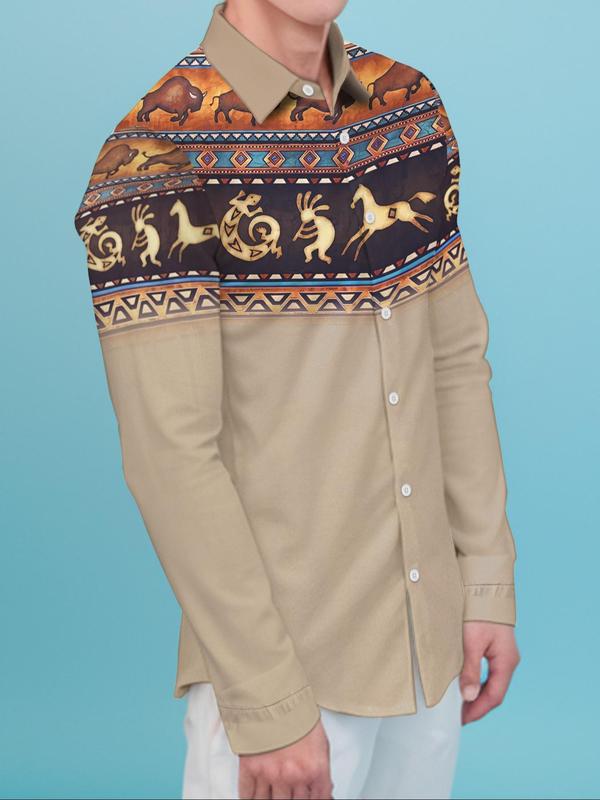 Men's Ethnic Pattern Button Front Shirt, Regular Fit Boho Long Sleeve Collared Top for Daily Holiday Vacation Wear, Men's Clothes for All Seasons, Fall Outfits, Fallfreshness