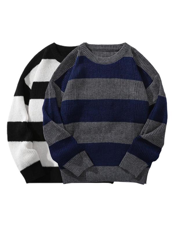 Men's 2pcs Striped Print Drop Shoulder Sweater, Regular Fit Casual Long Sleeve Round Neck Jumper for Fall & Winter, Men's Knitwear for Daily Wear