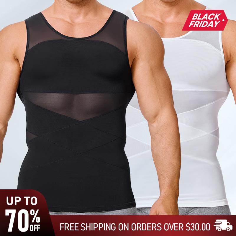 Black Friday Deals Nebility 2 Pieces Men's Mesh Summer Tank Tops Shapewear Undershirt Abdomen Belly Compress Shirt