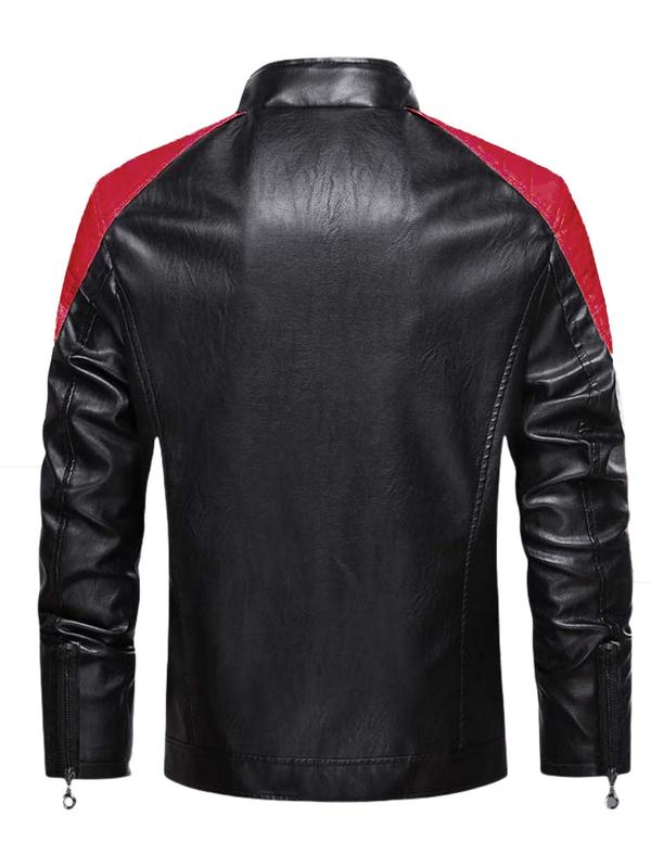 Men's Colorblock Zipper PU Leather Jacket, Regular Fit Casual Long Sleeve Stand Collar Thickened Outerwear for Fall & Winter, Men's Clothes for Daily Wear