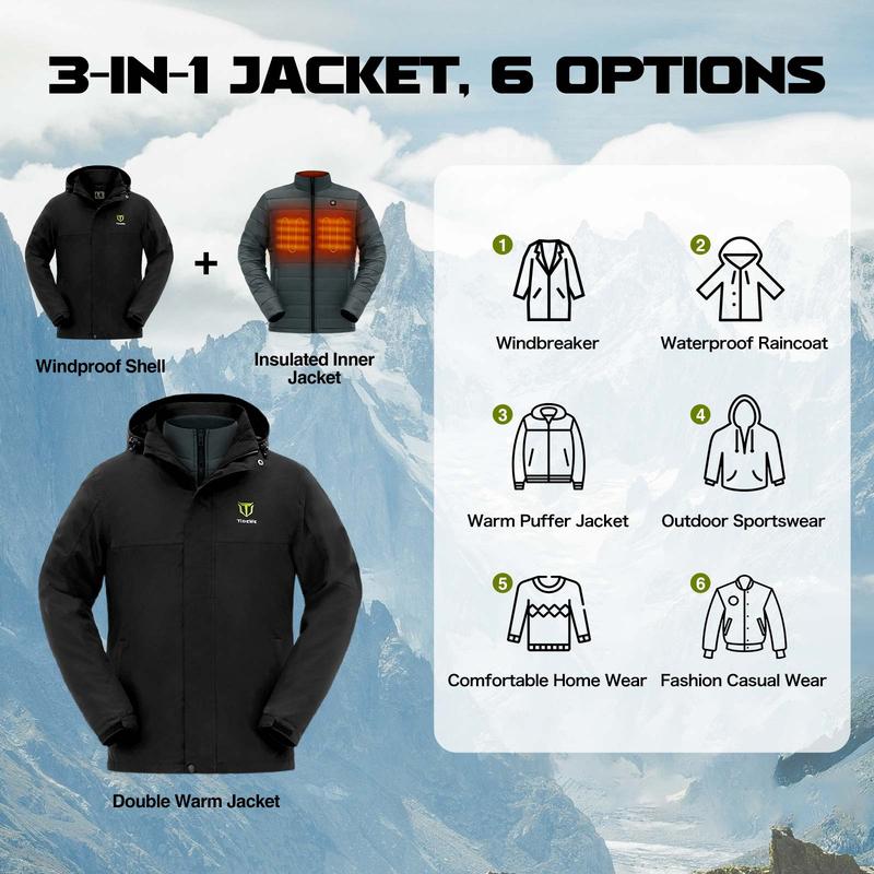 TideWe Men's 3-in-1 Heated Jacket with Battery Pack, Ski Jacket Winter Coat