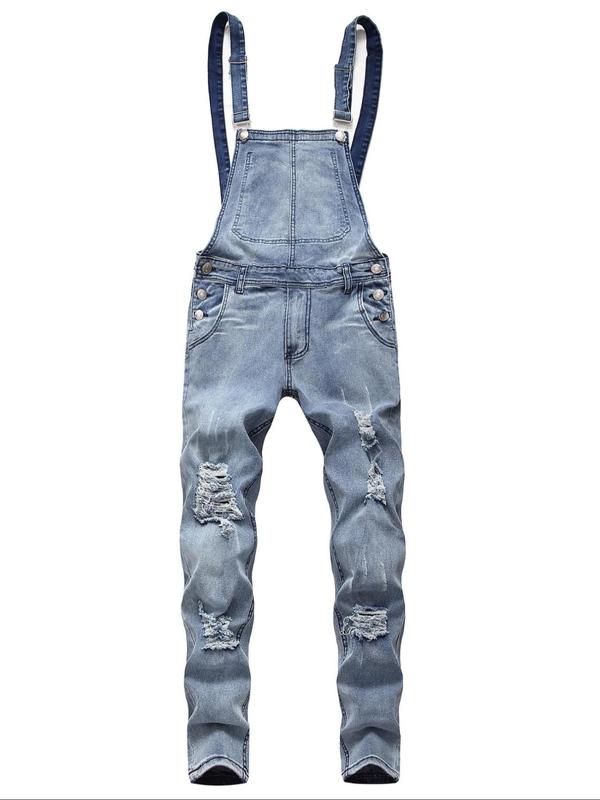 Men's Plain Button Denim Vintage Overalls, Casual Comfy Sleeveless Ripped Pocket Overalls for Daily Wear, Men's Overalls for All Seasons, Menswear Suits