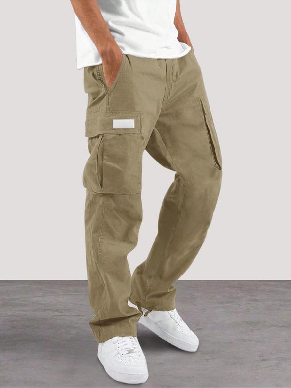 Men's Solid Color Patched Flap Pocket Drawstring Waist Cargo Pants, Street Fashion Loose Straight Leg Trousers for Daily Wear, Menswear, Men's Bottoms for All Seasons