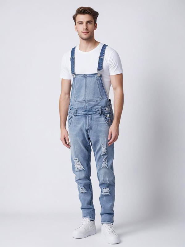 Men's Plain Button Denim Vintage Overalls, Casual Comfy Sleeveless Ripped Pocket Overalls for Daily Wear, Men's Overalls for All Seasons, Menswear Suits