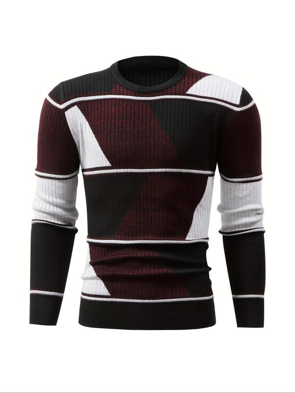 Men's Colorblock Patchwork Round Neck Sweater, Casual Regular Fit Long Sleeve Crew Neck Jumper for Fall & Winter, Fashion Men's Knitwear for Daily Wear