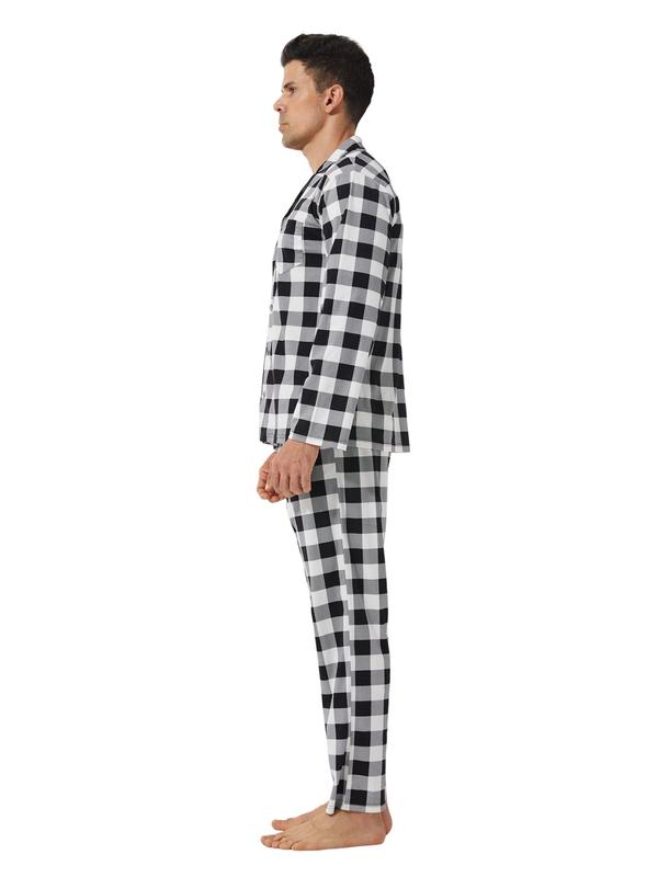 Two-Piece Set Men's Plaid Print Button Front Pajama Set, Casual Comfy Long Sleeve Lapel Neck Pocket Shirt & Elastic Waist Pants PJ Set, Men's Sleepwear for Fall & Winter