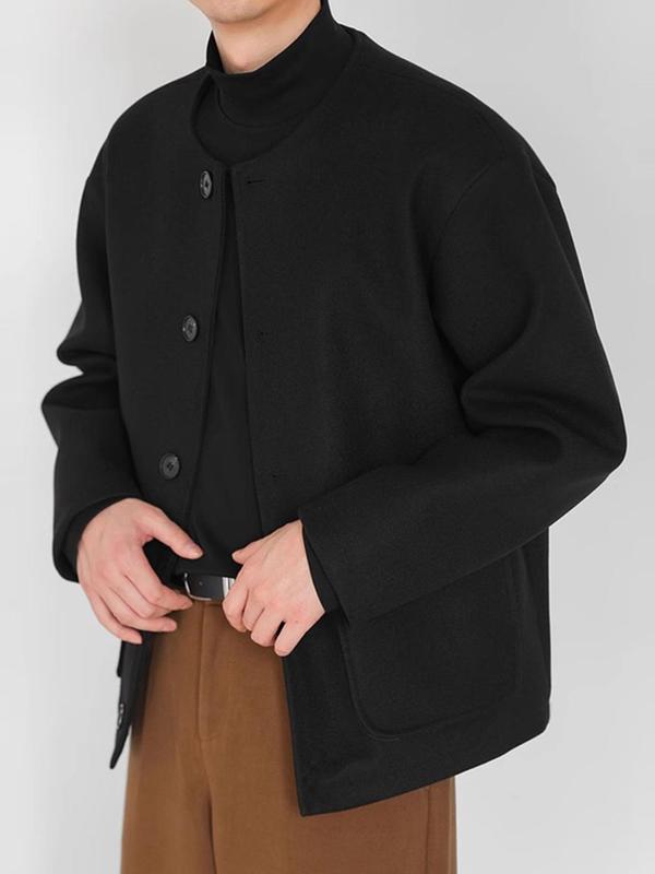 Men's Solid Button Front Drop Shoulder Winter Jacket, Loose Casual Long Sleeve Pocket Outerwear for Fall & Winter, Men's Clothes for Daily Wear